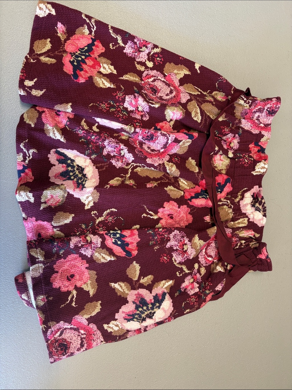 LC Lauren Conrad Burgundy Floral Circle Skirt with Pink and Gold Accents